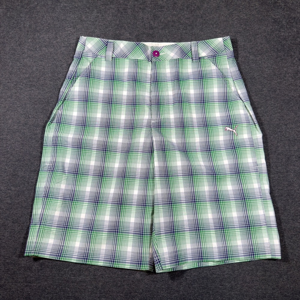 Puma Golf Shorts Mens 30 Green Plaid Performance Sport Lifestyle Flat Front